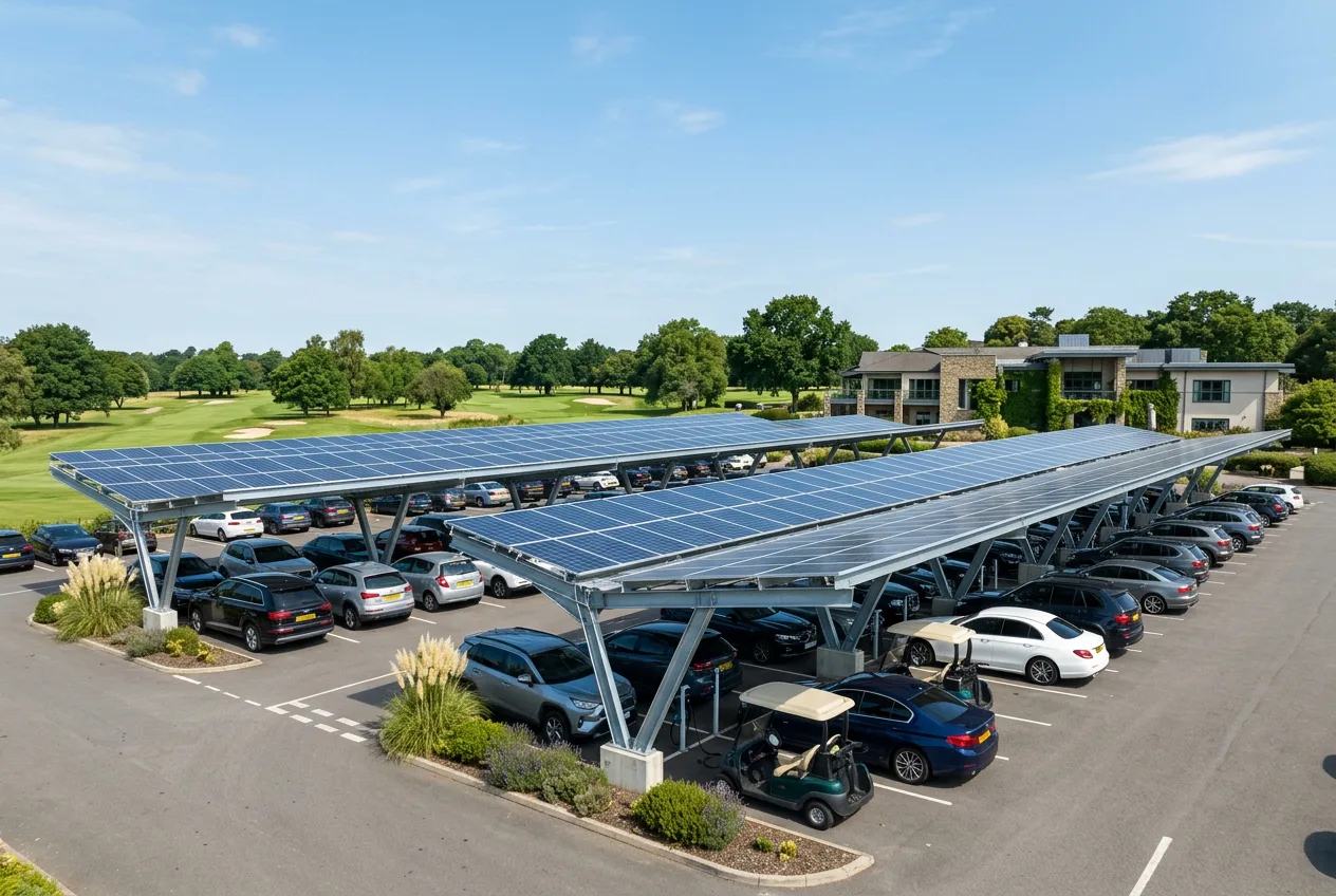 Illustrative solar canopy above a car park beside a golf venue