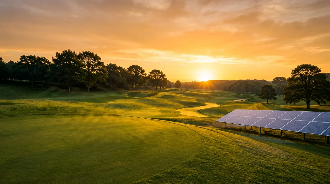Illustrative golf landscape with solar panels at sunset